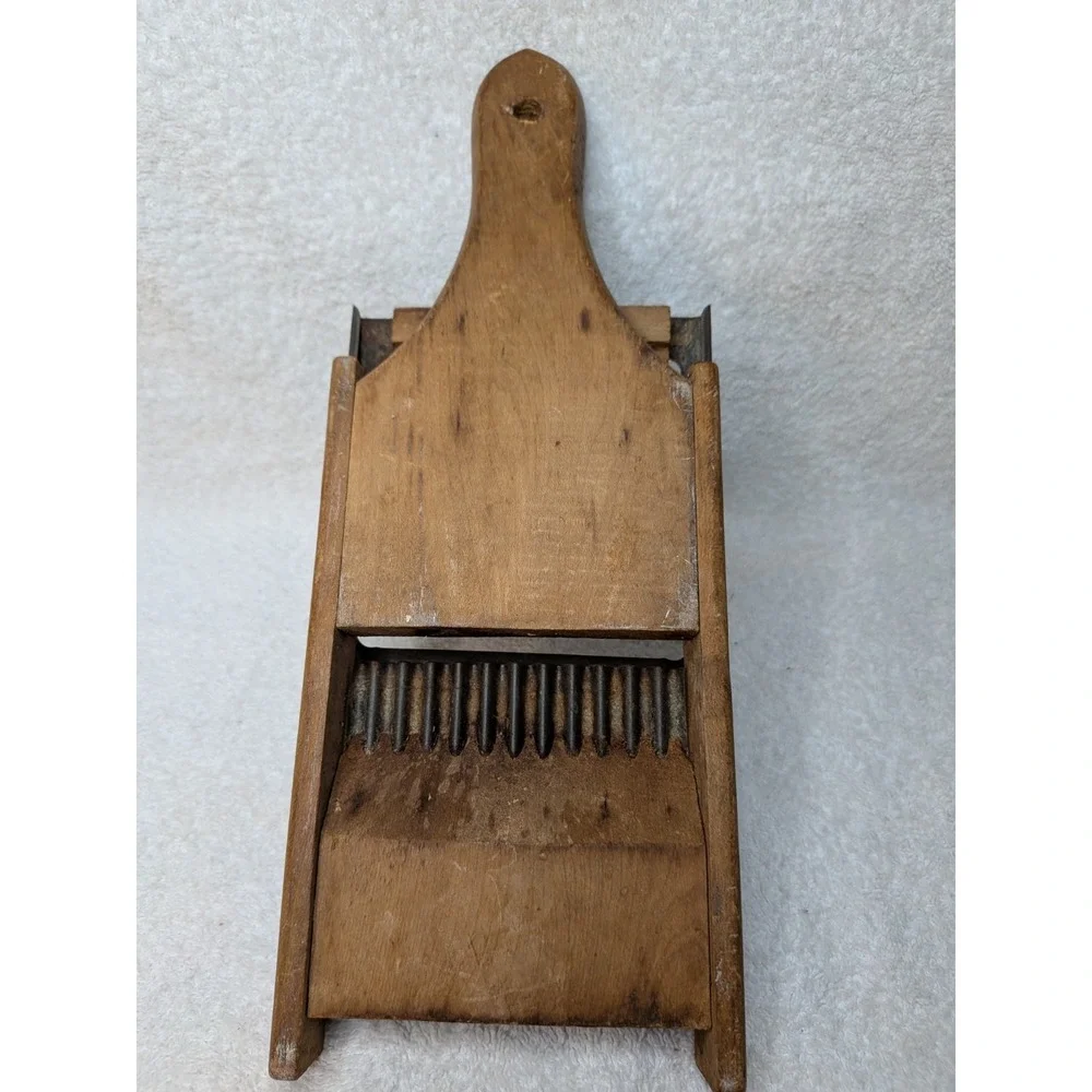 Vintage Wood & Metal Crinkle Cutter Food Slicer Wavy Blade Manual w/ Handles